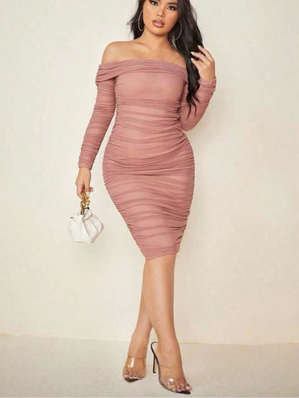 Ruched Off-Shoulder Body Con Dress in Dusty Rose Sz 4